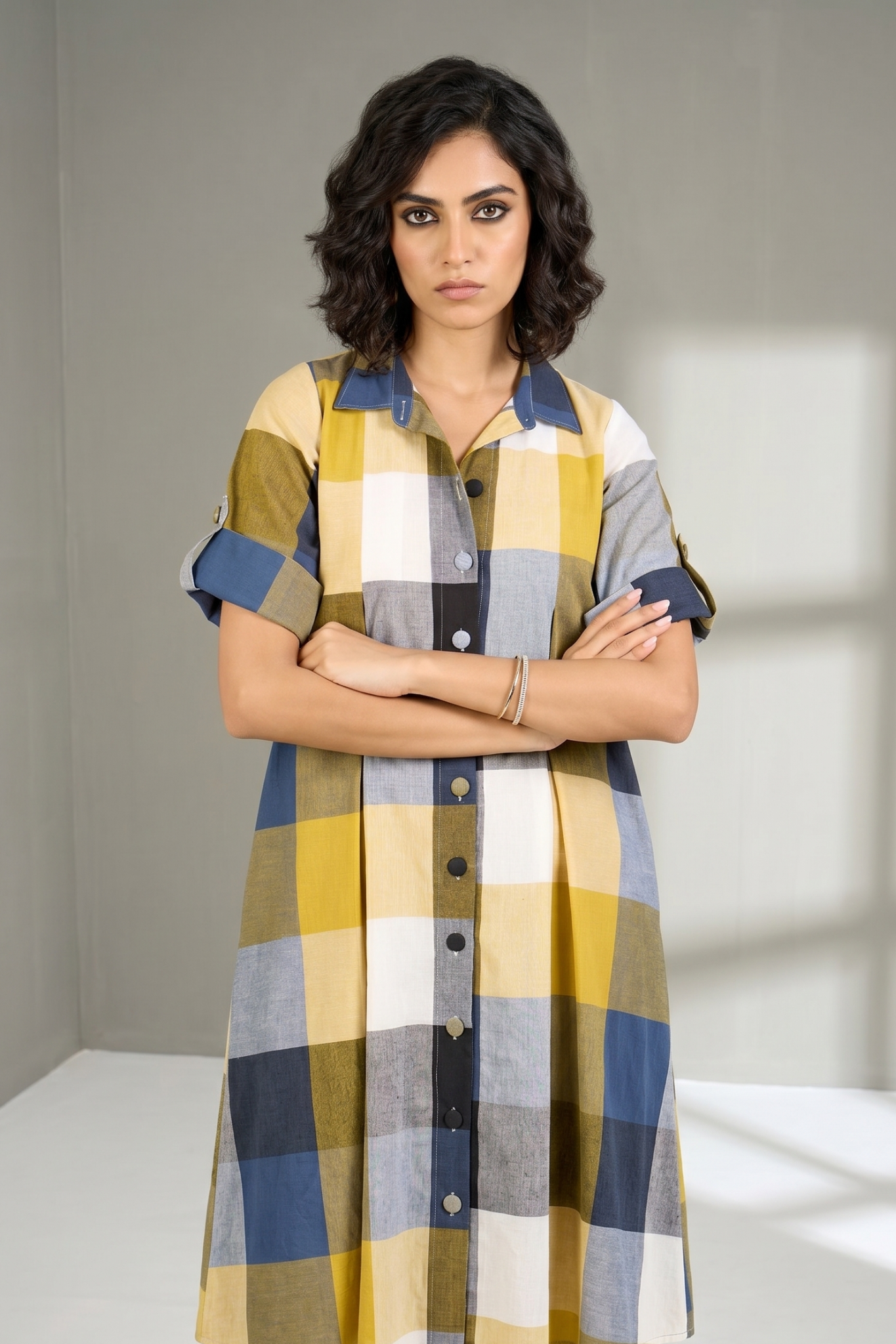 MAdras Gingham Checks Box pleat Button Down Shirt Dress