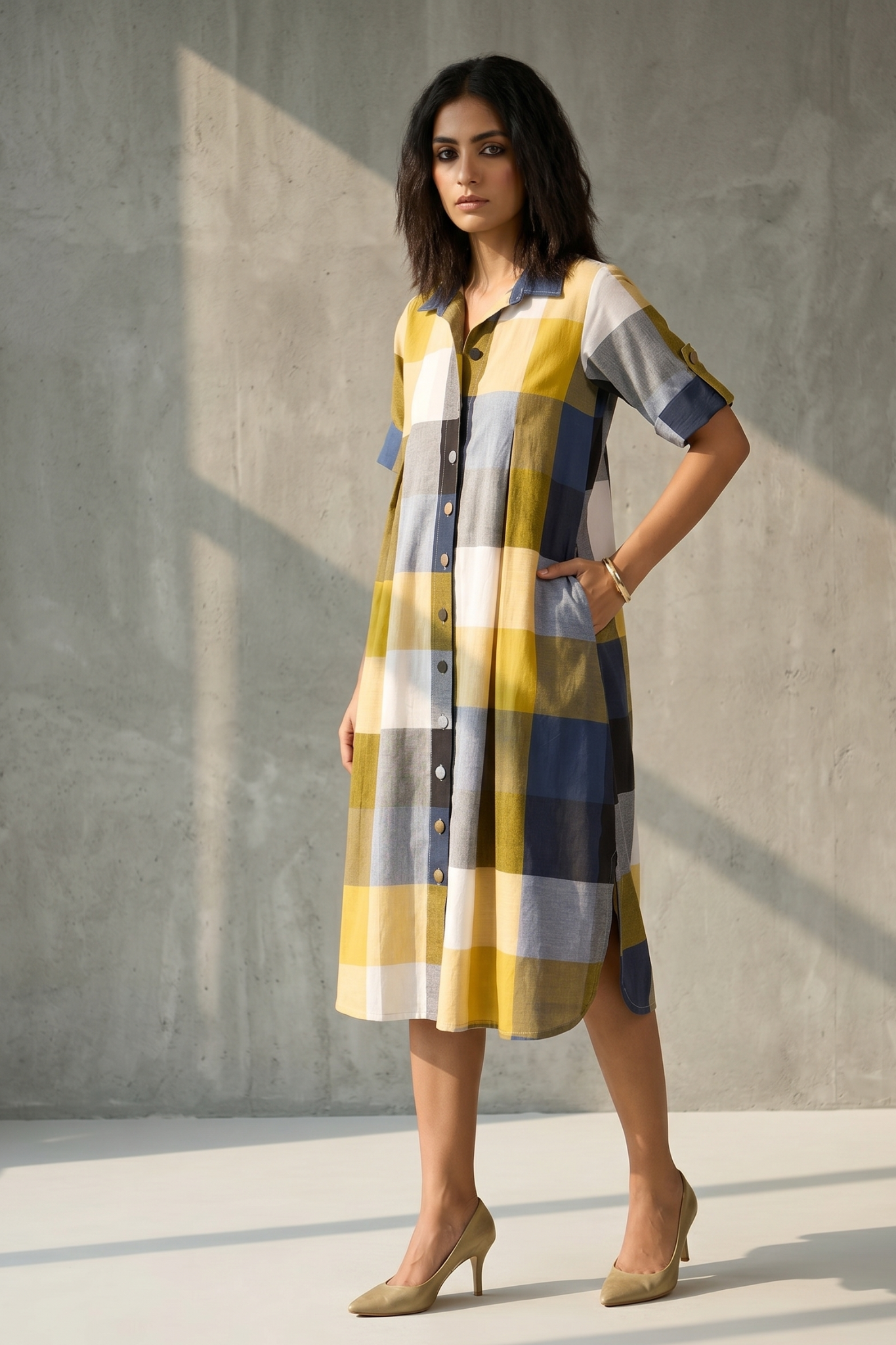 MAdras Gingham Checks Box pleat Button Down Shirt Dress