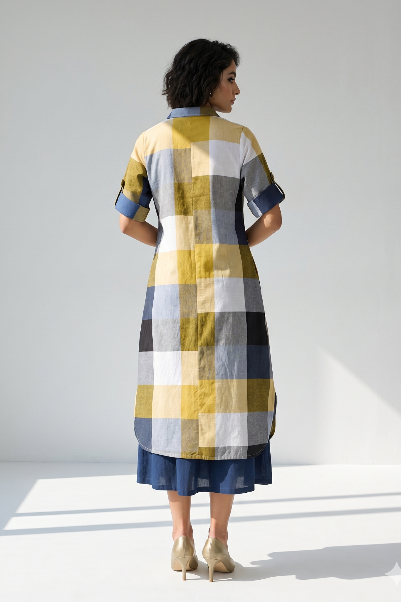MAdras Gingham Checks Box pleat Button Down Shirt Dress