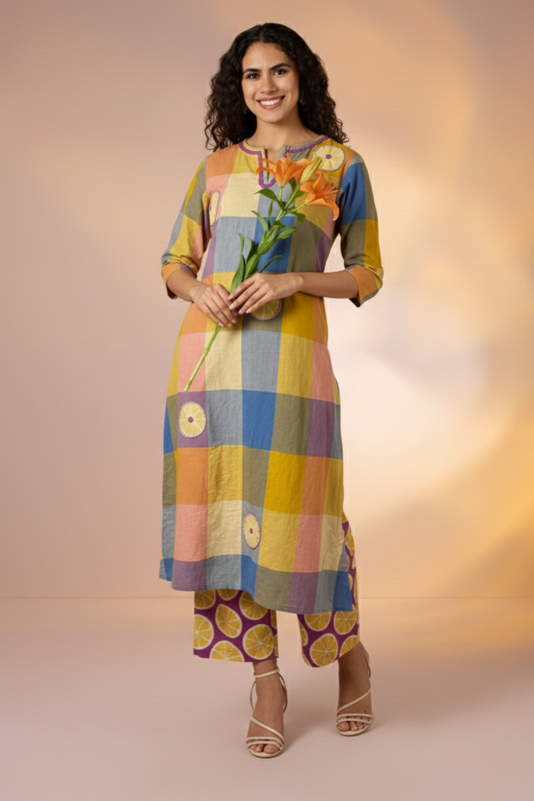 Madras Checks Lemon Blue Pink with Applique work Hand embroidery