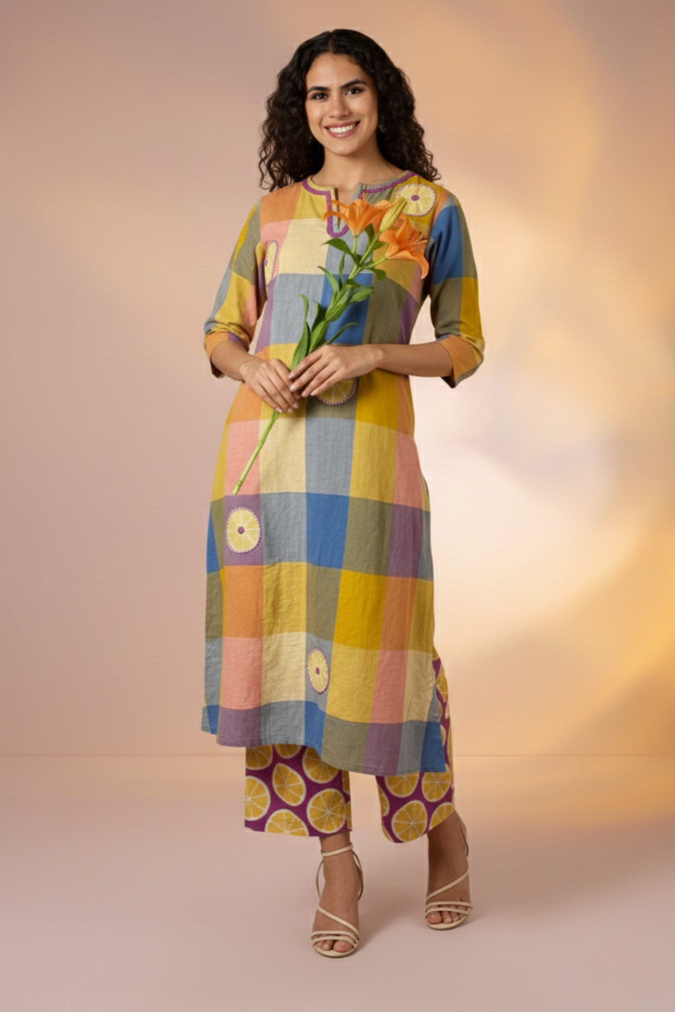 Madras Checks Lemon Blue Pink with Applique work Hand embroidery