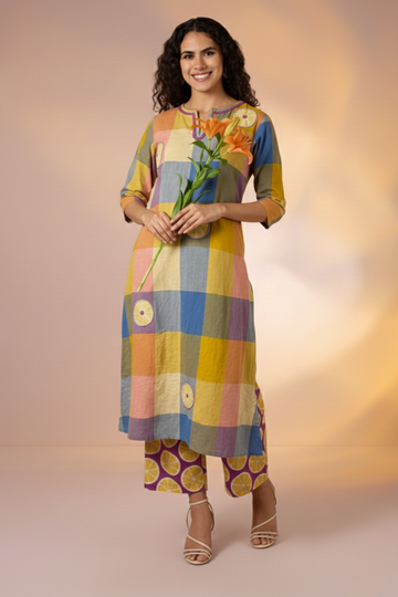 Madras Checks Lemon Blue Pink with Applique work Hand embroidery
