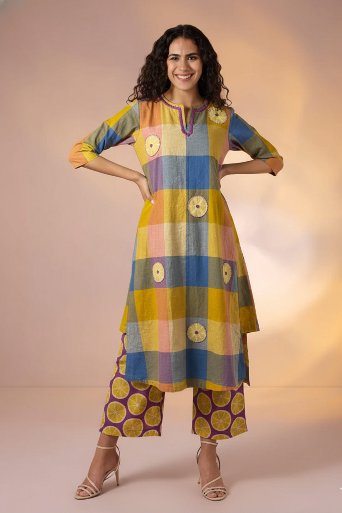 Madras Checks Lemon Blue Pink with Applique work Hand embroidery