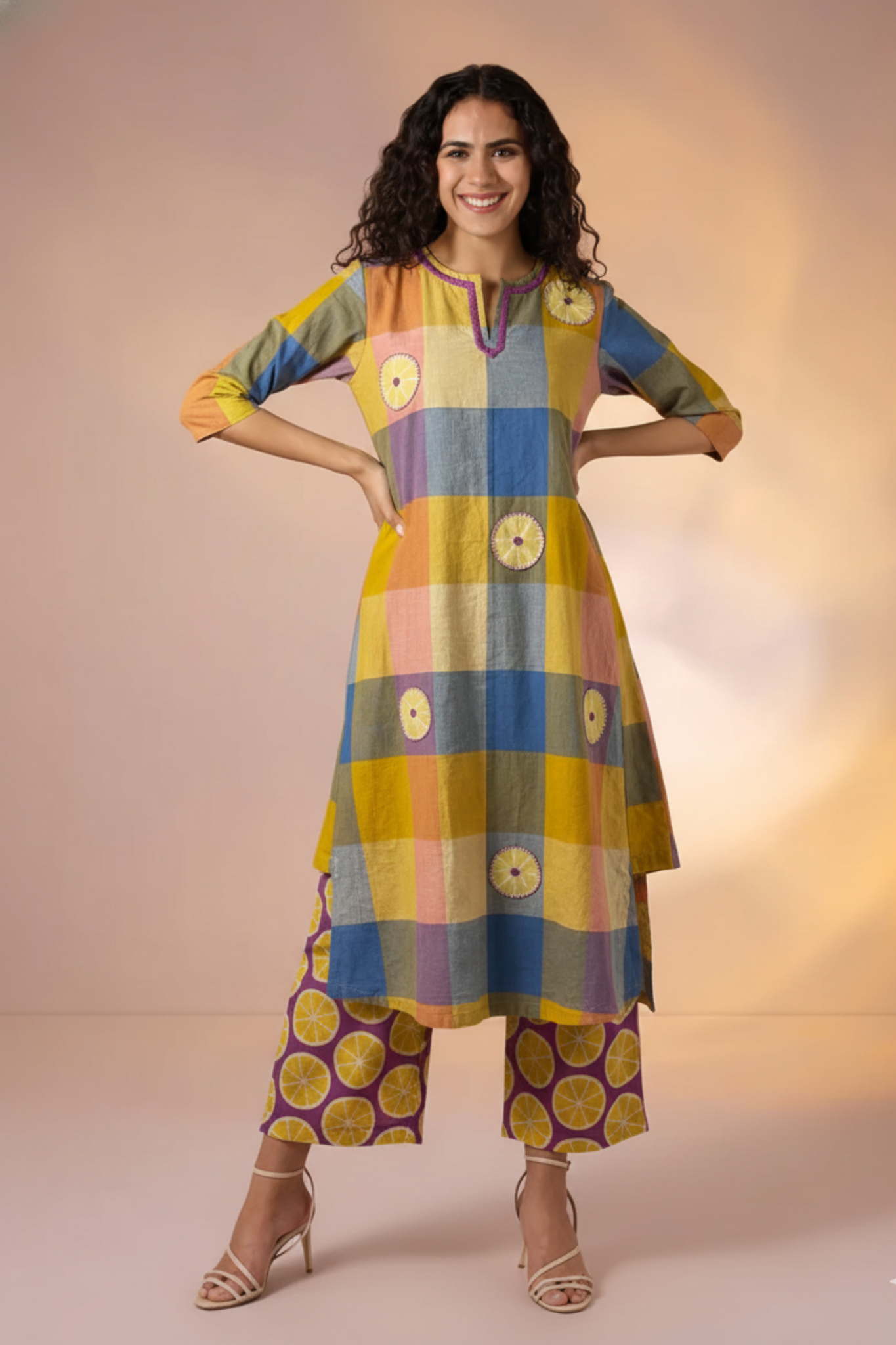 Madras Checks Lemon Blue Pink with Applique work Hand embroidery