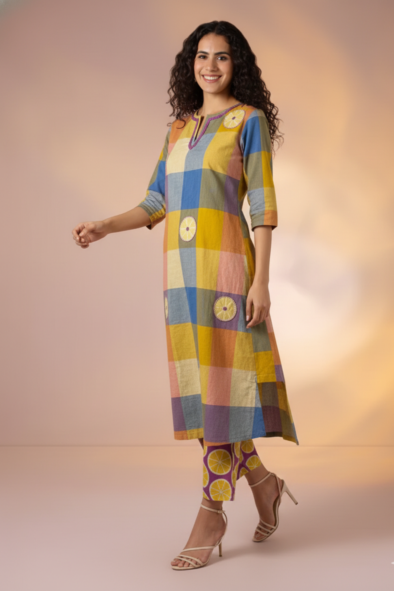 Madras Checks Lemon Blue Pink with Applique work Hand embroidery