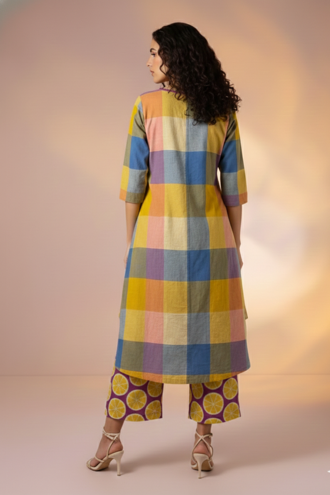 Madras Checks Lemon Blue Pink with Applique work Hand embroidery