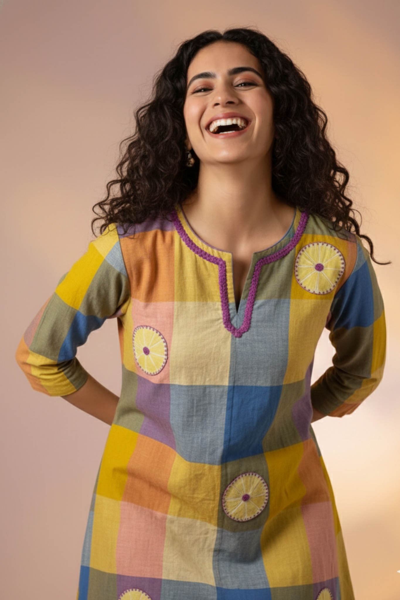 Madras Checks Lemon Blue Pink with Applique work Hand embroidery