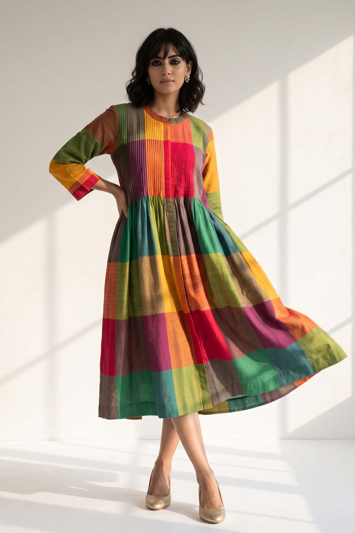 Colorburst_Madras_checks_Cotton_Infinity_Pintuck_Dress