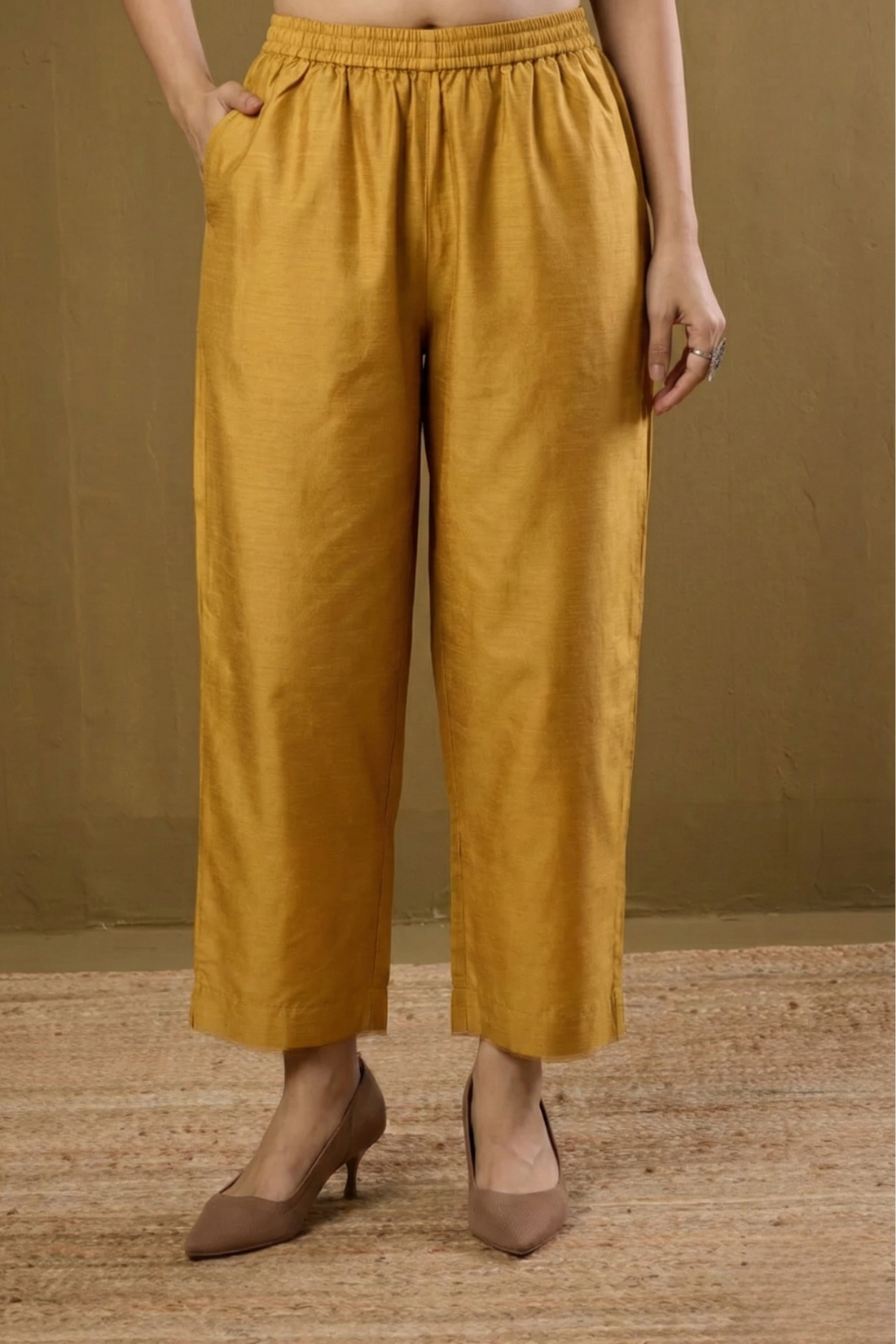 Comfort_fit_Pants_with_pockets_-_Golden_yellow_silk_slub