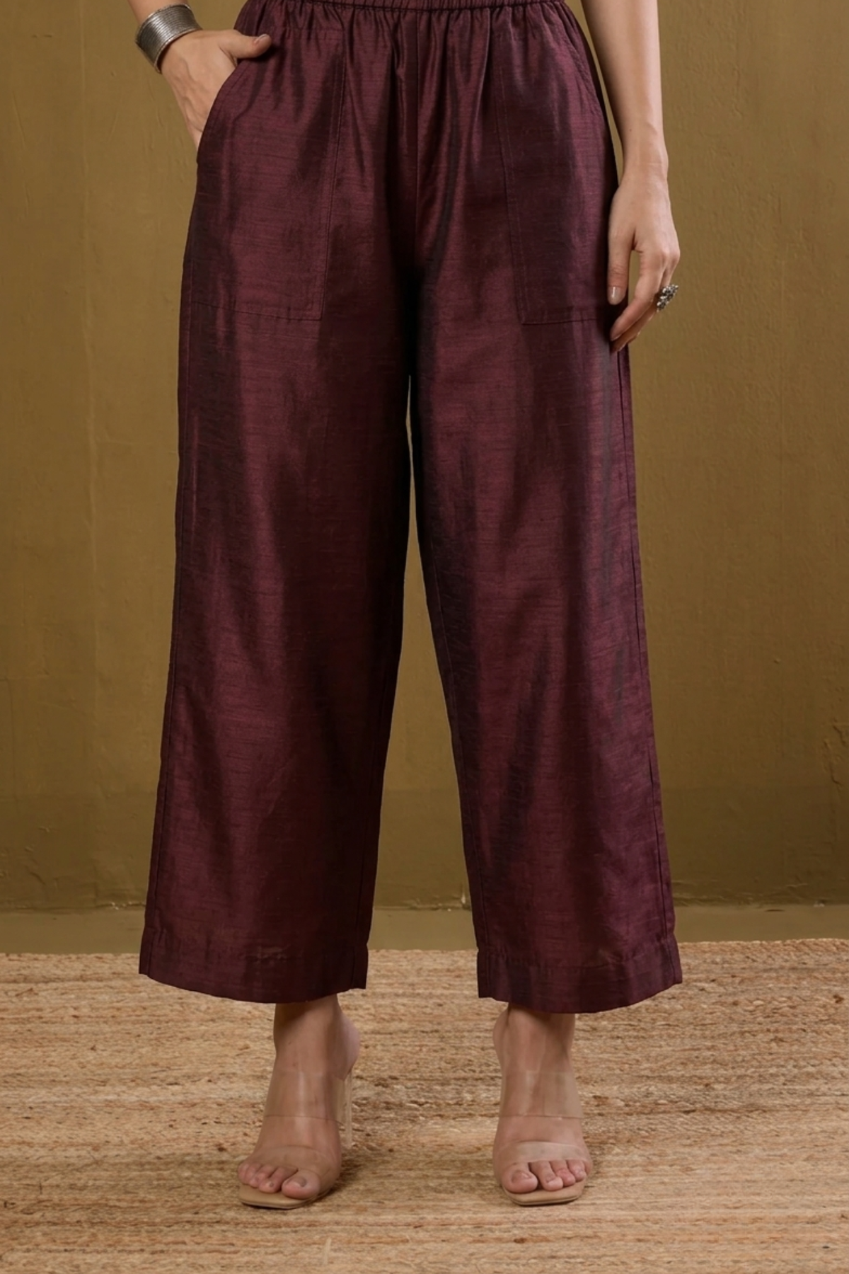 Comfort_fit_pants_-_Burgundy_Silk_Slub_Pants