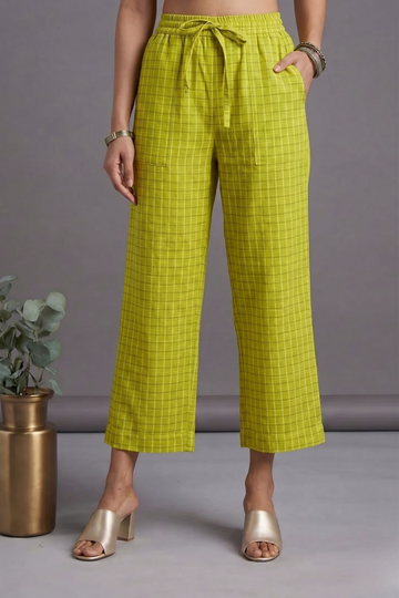 Comfort fit pants - Lime Green Checks Cotton