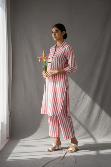 Coord Set Pin Coral Chant Stripes Collar Kurta and Pants