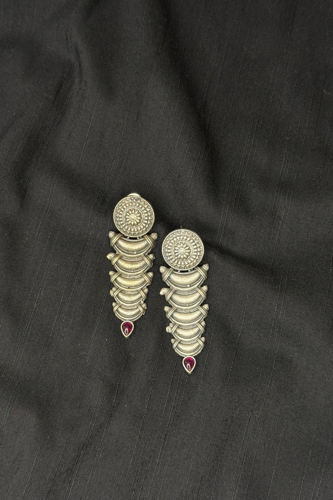 Crescent Tier Statement With Ruby Star Oxidised Earrings
