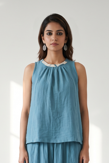 Crew_Neck_Short_Sleeveless__Top_-_Crinkled_Teal_Cotton__only_Top