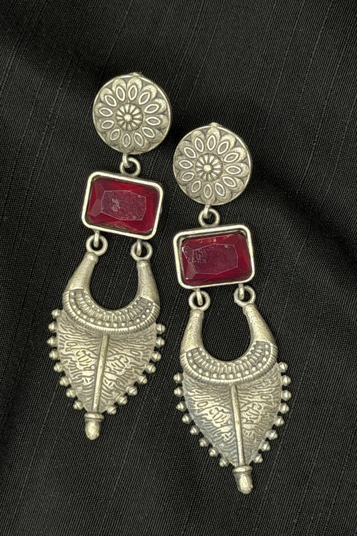 Crimson Jewel & Tribal Oxidised Drop Earrings 
