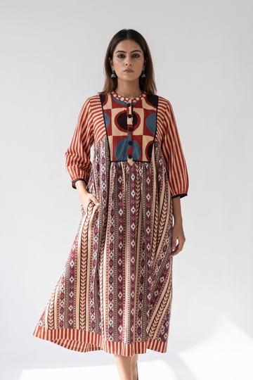Crimson Kalamkari Cotton Gather Dress with Yoke