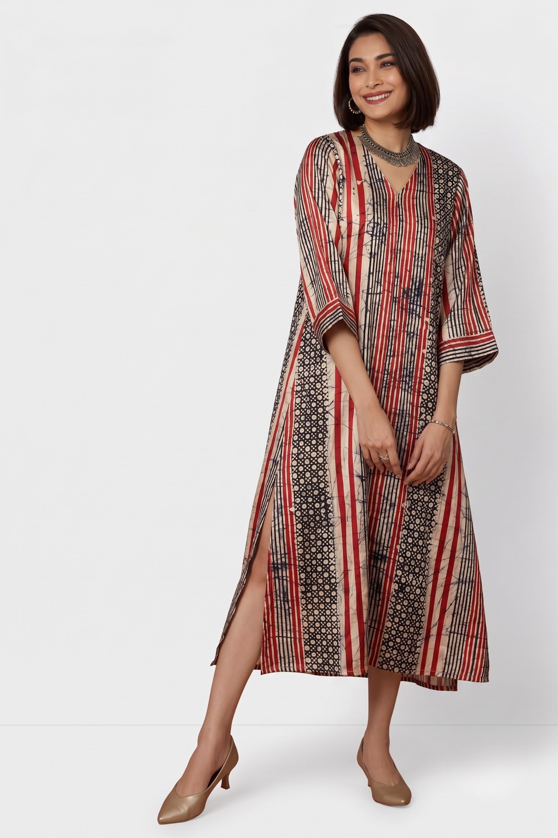 Crimson_Red Black Batik_Geometric_Pattern_Front_Zipper_A