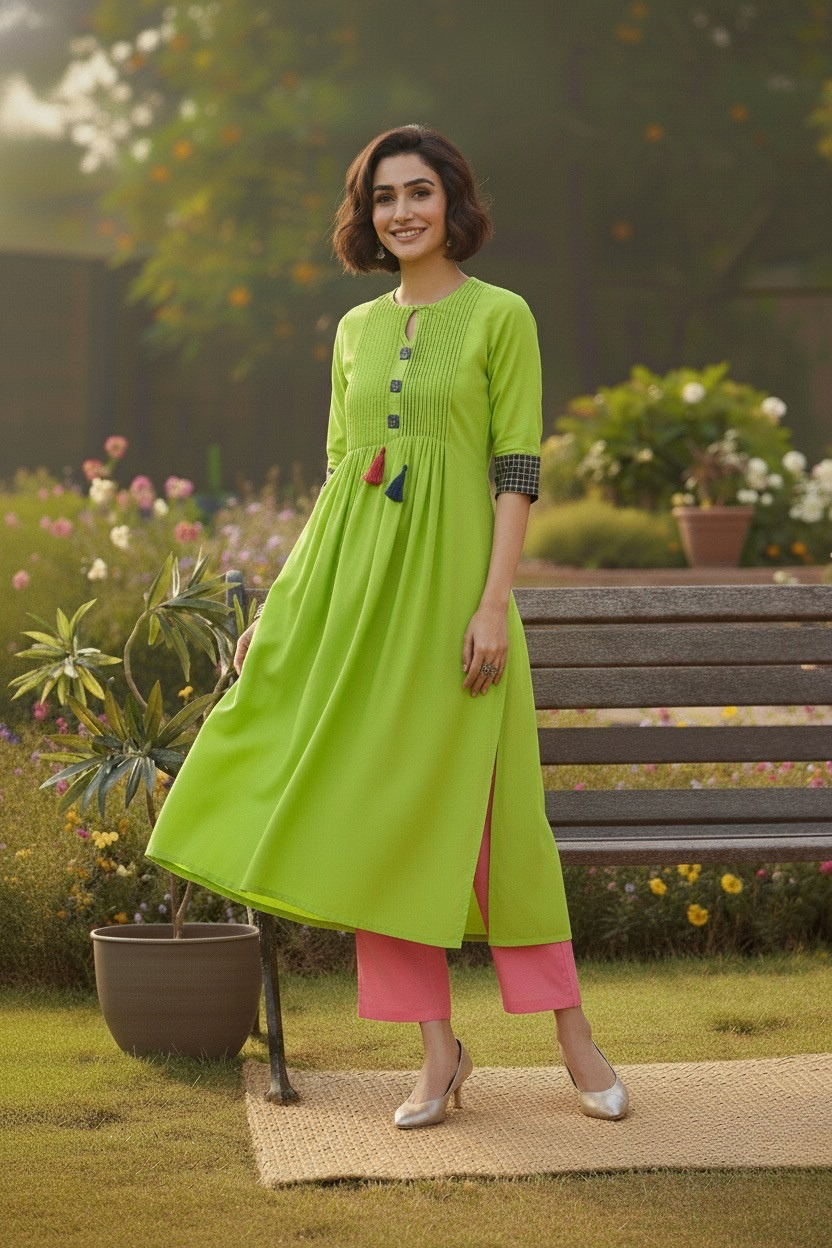 pintuck green long kurta with slit zesty lime