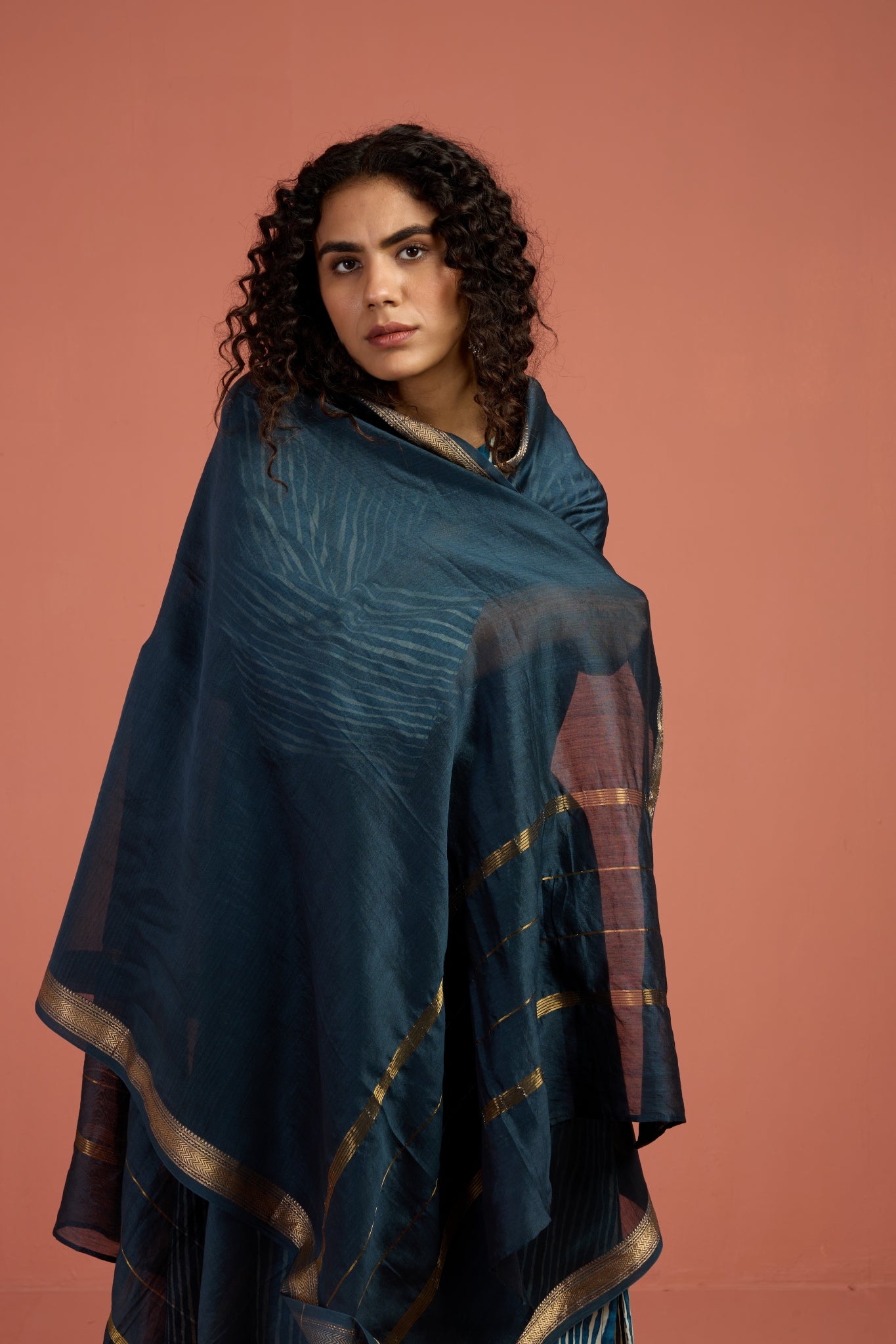 handwoven maheshwari dupatta - peacock blue