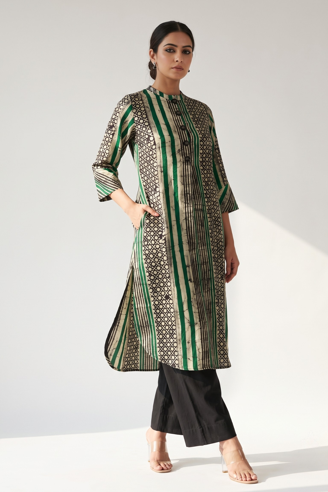 Dark_Botanical_Batik_Geometric_Stand_Collar_Kurta_with_Round_Hemline