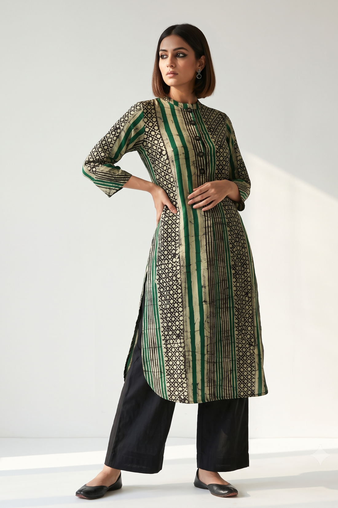 Dark_Botanical_Batik_Geometric_Stand_Collar_Kurta_with_Round_Hemline