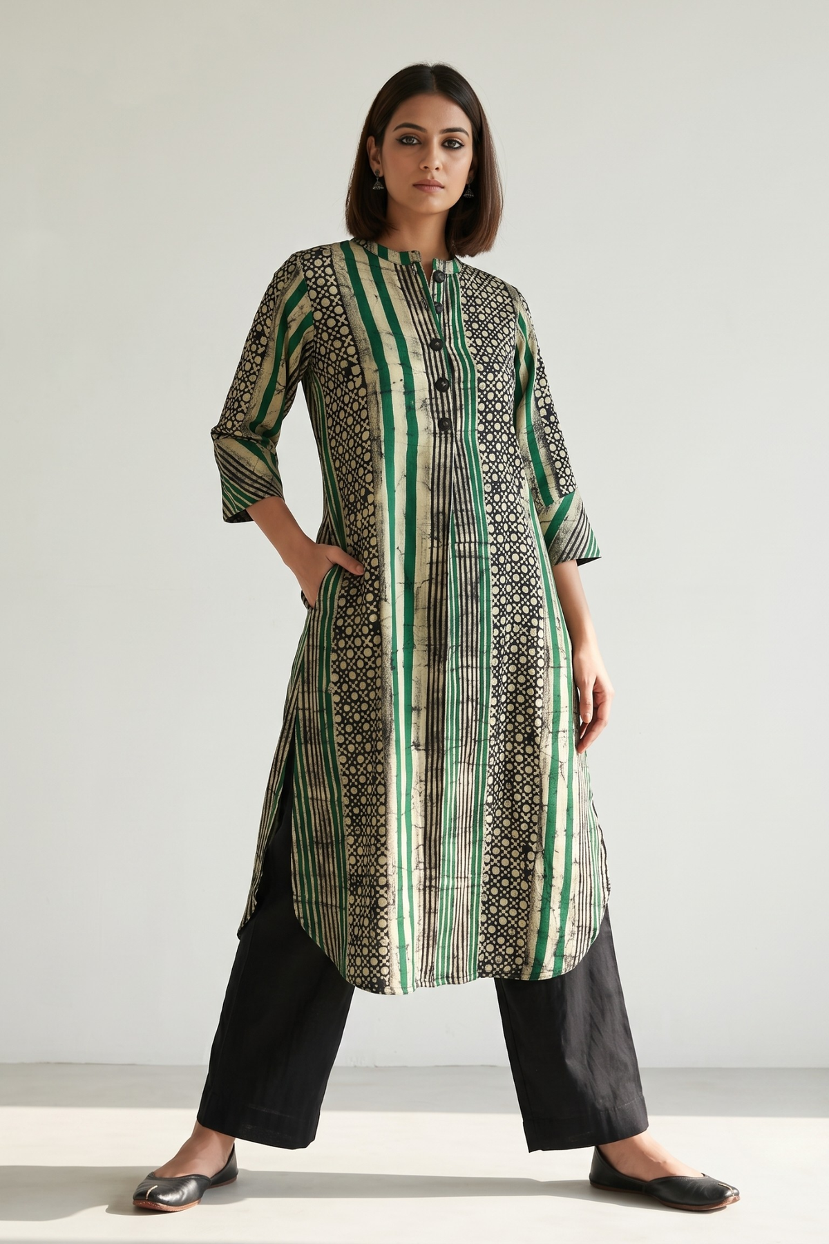 Dark_Botanical_Batik_Geometric_Stand_Collar_Kurta_with_Round_Hemline