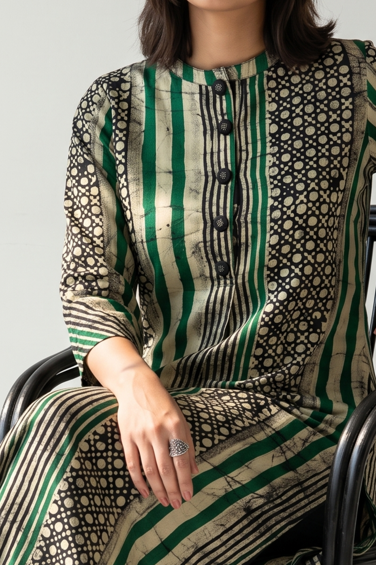Dark_Botanical_Batik_Geometric_Stand_Collar_Kurta_with_Round_Hemline