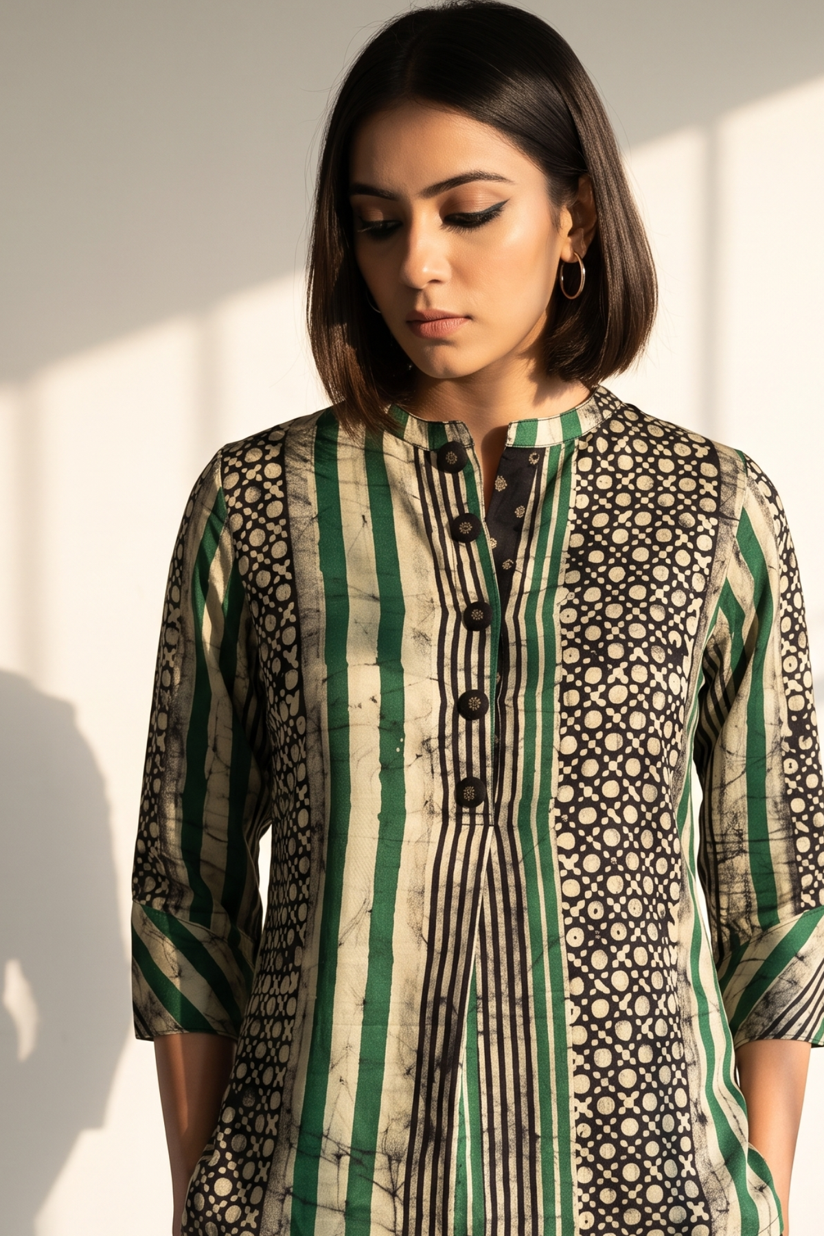 Dark_Botanical_Batik_Geometric_Stand_Collar_Kurta_with_Round_Hemline