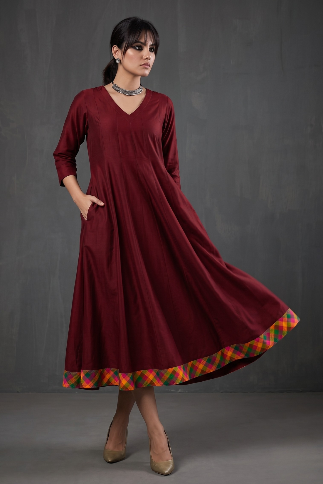 Deep_Garnet_Silk_Slub_Carnival_Border_Long_Maxi_Dress_with_Sleeves