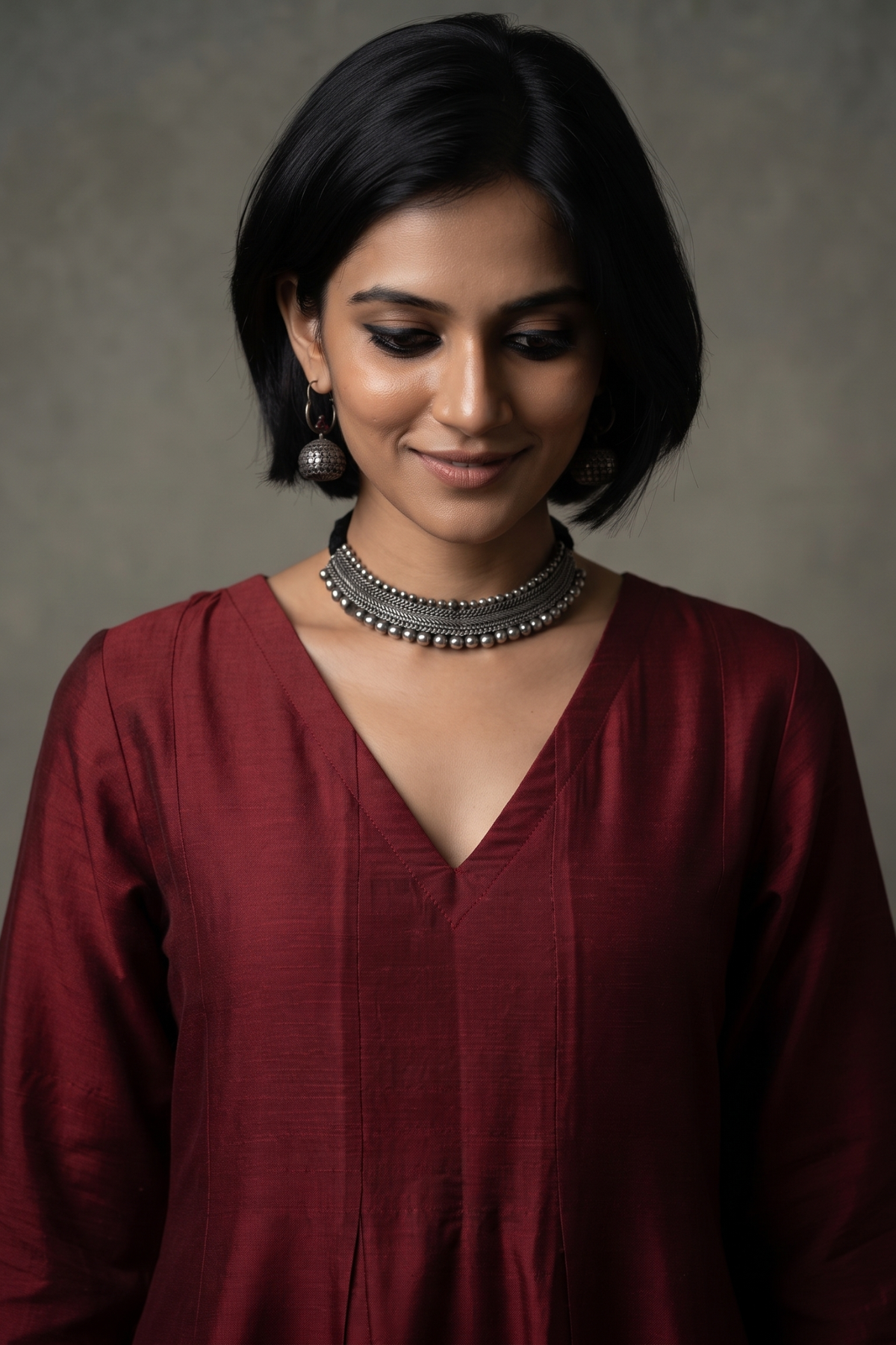 Deep_Garnet_Silk_Slub_Carnival_Border_Long_Maxi_Dress_with_Sleeves