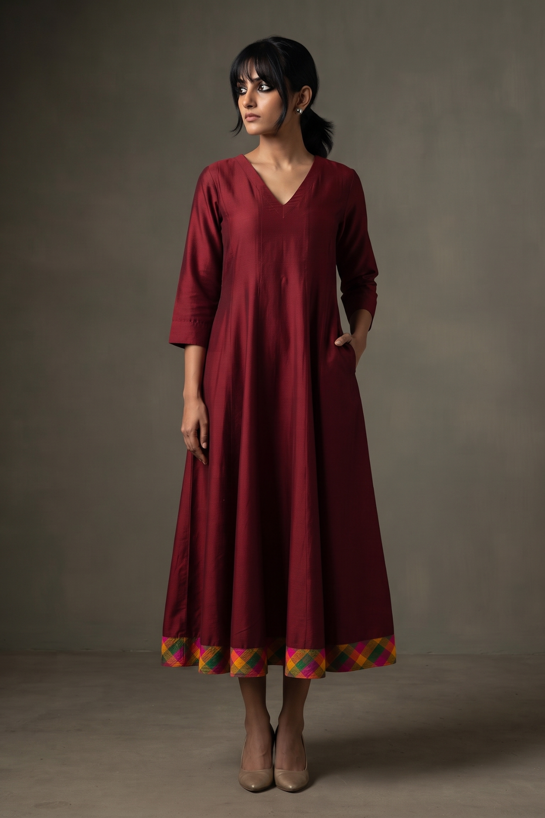 Deep_Garnet_Silk_Slub_Carnival_Border_Long_Maxi_Dress_with_Sleeves