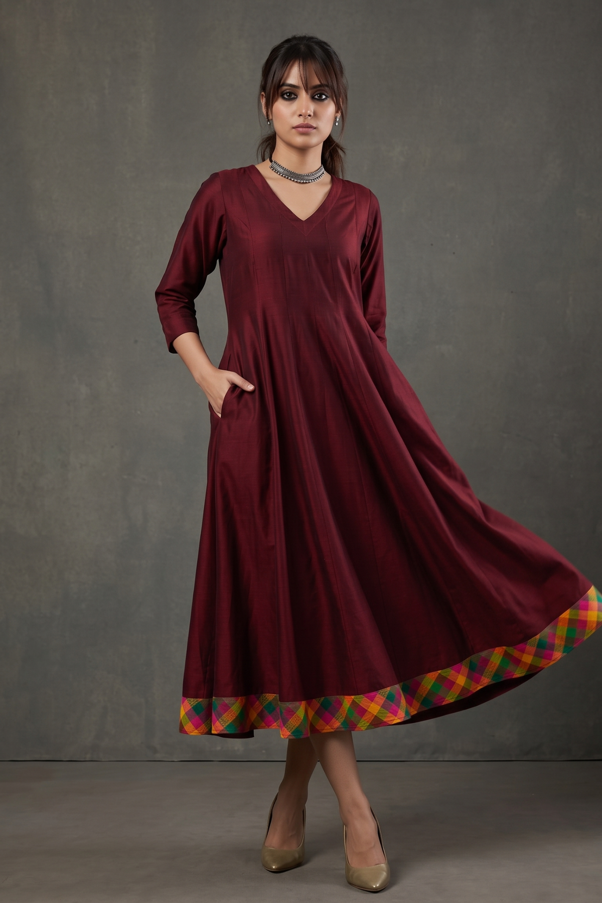 Deep_Garnet_Silk_Slub_Carnival_Border_Long_Maxi_Dress_with_Sleeves