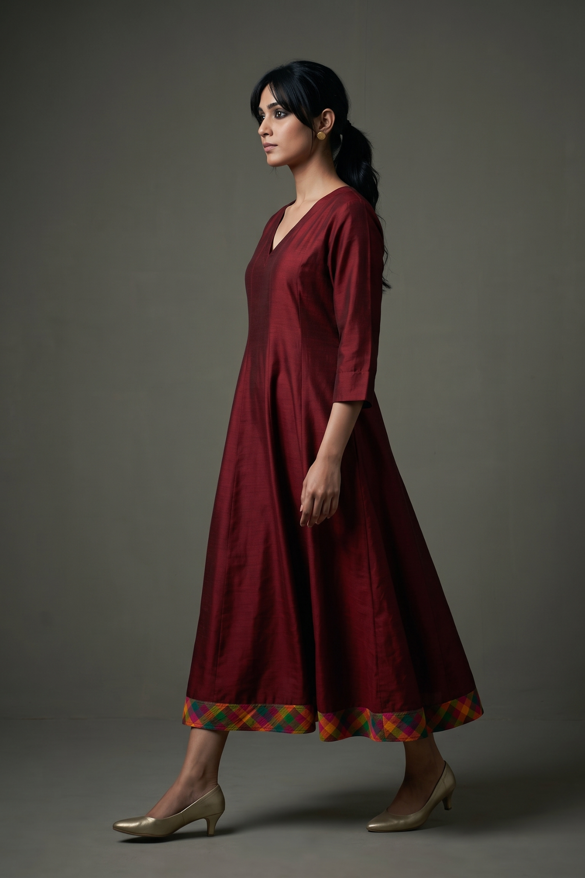 Deep_Garnet_Silk_Slub_Carnival_Border_Long_Maxi_Dress_with_Sleeves