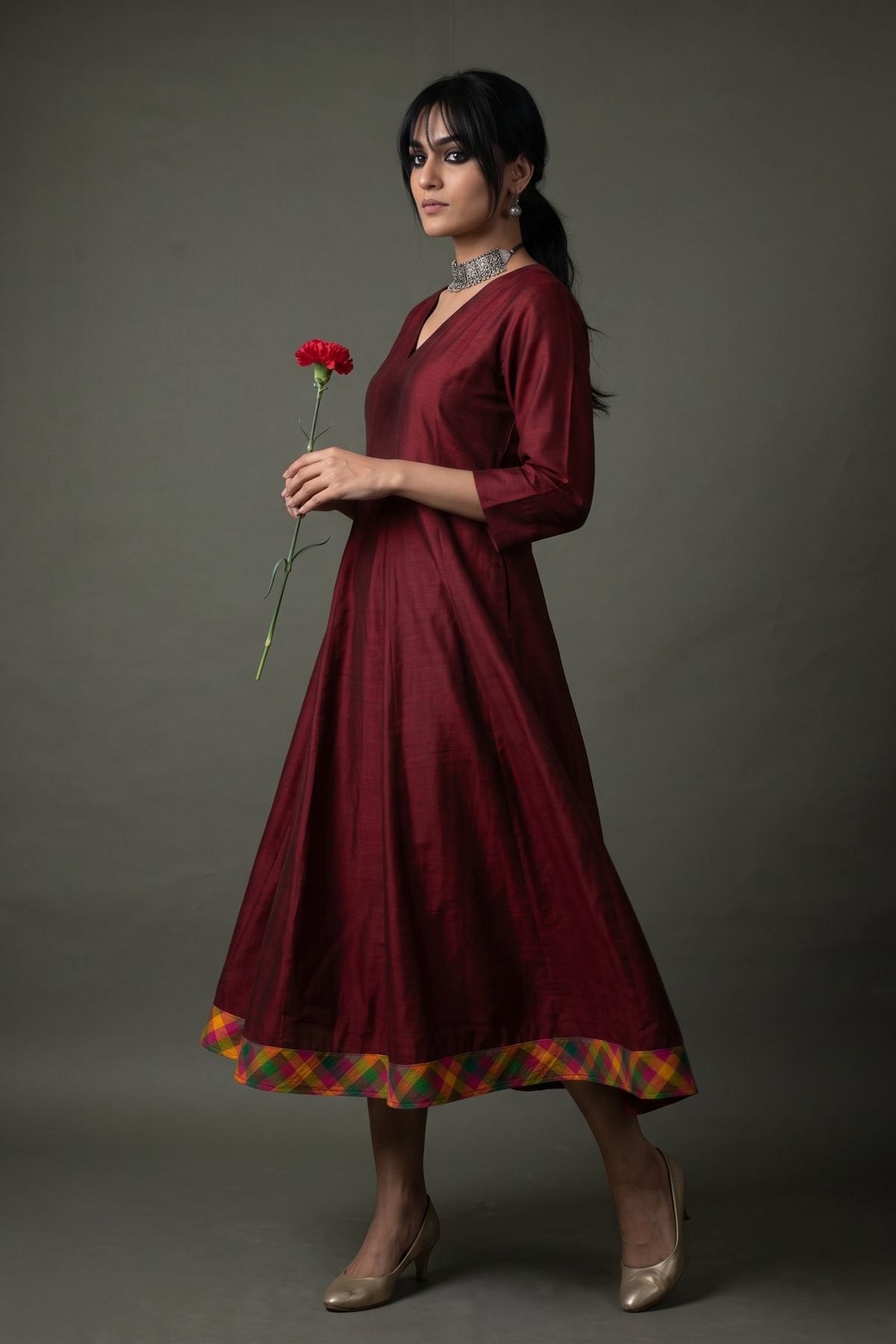 Deep_Garnet_Silk_Slub_Carnival_Border_Long_Maxi_Dress_with_Sleeves