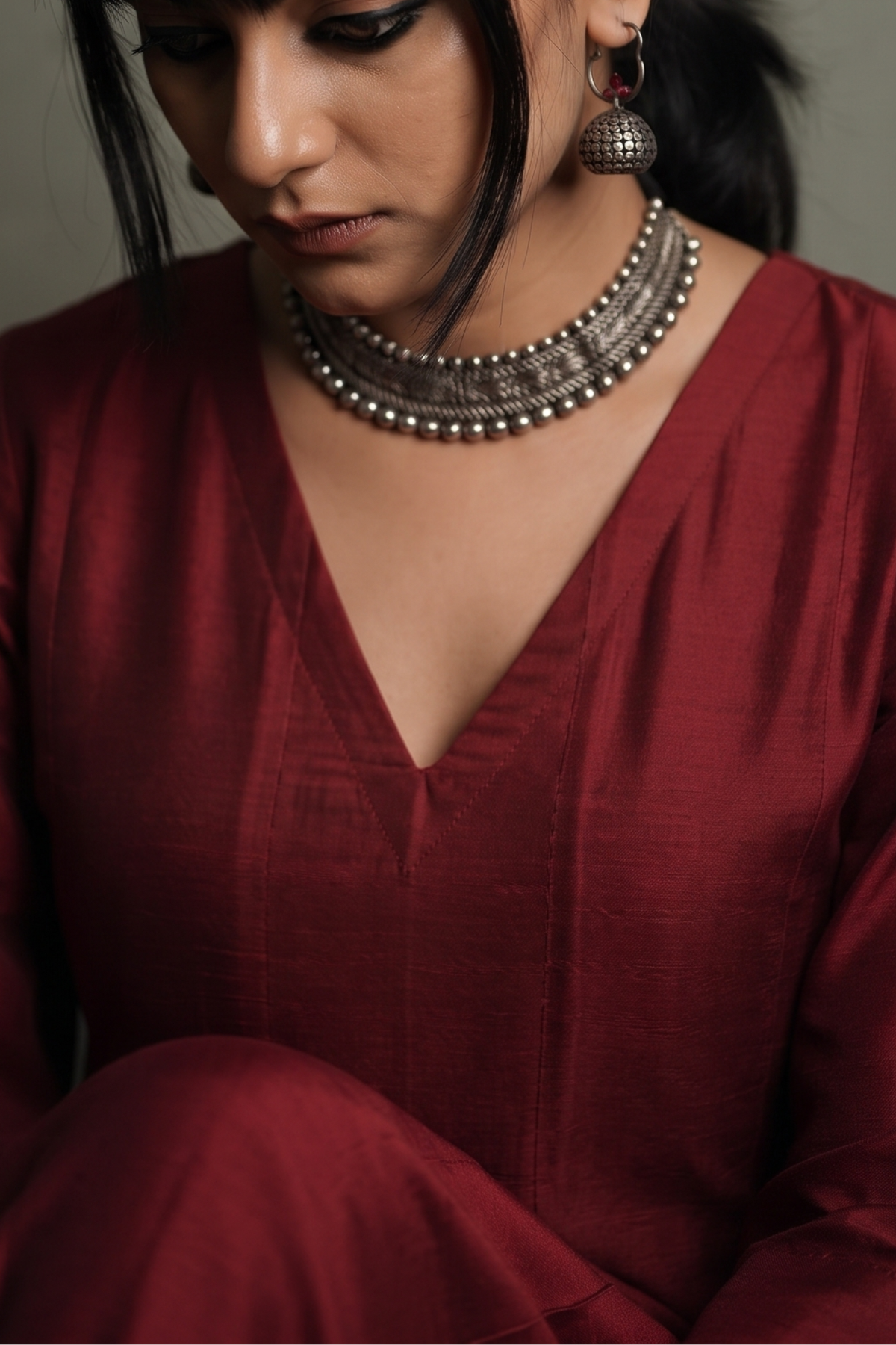 Deep_Garnet_Silk_Slub_Carnival_Border_Long_Maxi_Dress_with_Sleeves