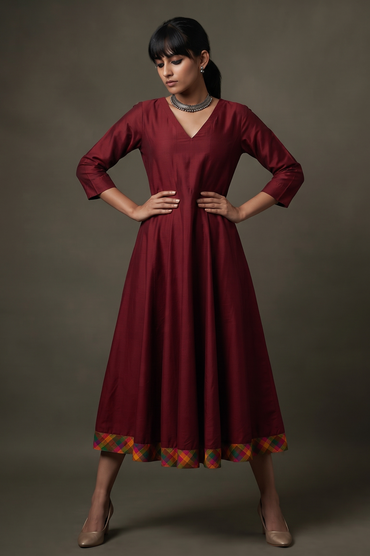 Deep_Garnet_Silk_Slub_Carnival_Border_Long_Maxi_Dress_with_Sleeves