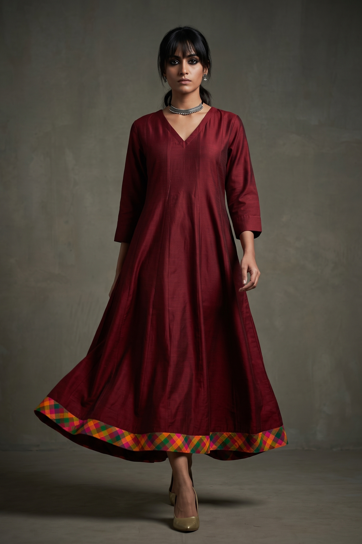 Deep_Garnet_Silk_Slub_Carnival_Border_Long_Maxi_Dress_with_Sleeves