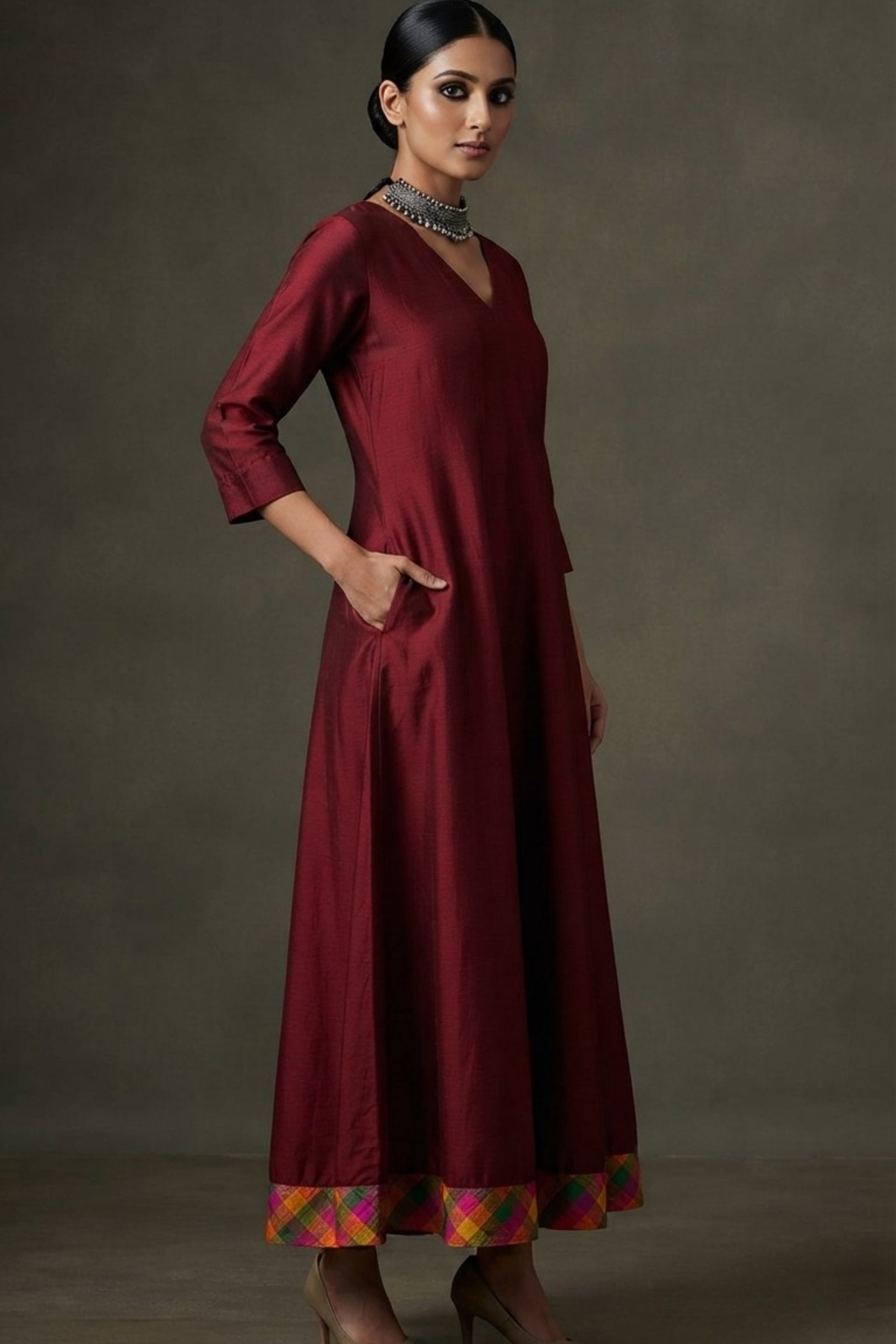 Deep_Garnet_Silk_Slub_Carnival_Border_Long_Maxi_Dress_with_Sleeves