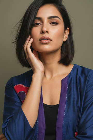 Deep Sapphire Red Petal Applique Luxe Silk Slub Short Jacket