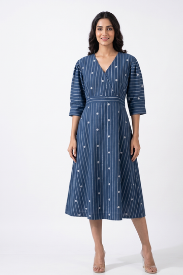 Denim Thread Dots Cotton overlap dress with puffed sleeve
