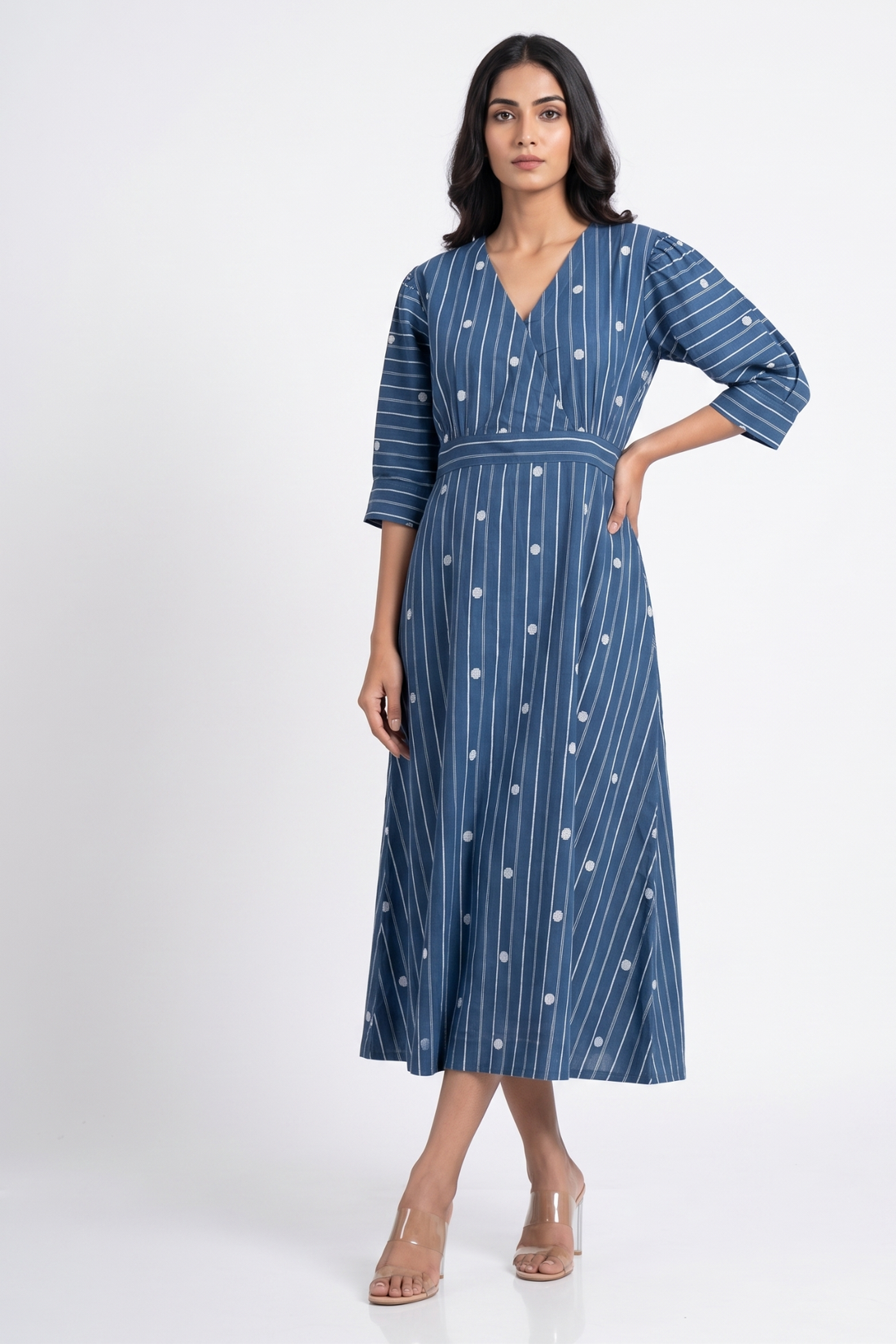 Denim Thread Dots Cotton overlap dress with puffed sleeve
