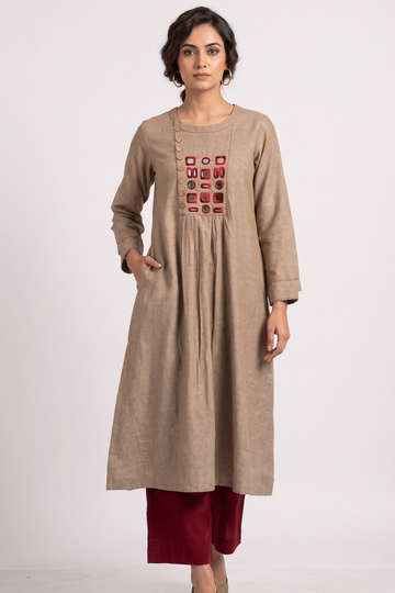 Desert Beige Loom South Cotton Zen Yoke Gather Kurta