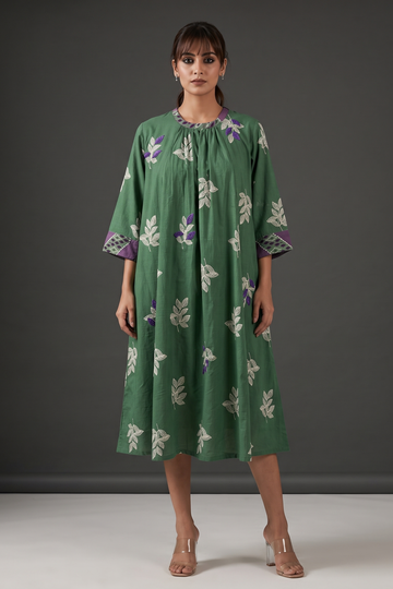 Earthy_Olive_Leaf_Handblock_Cotton_Crew_Neck_Gather_Dress