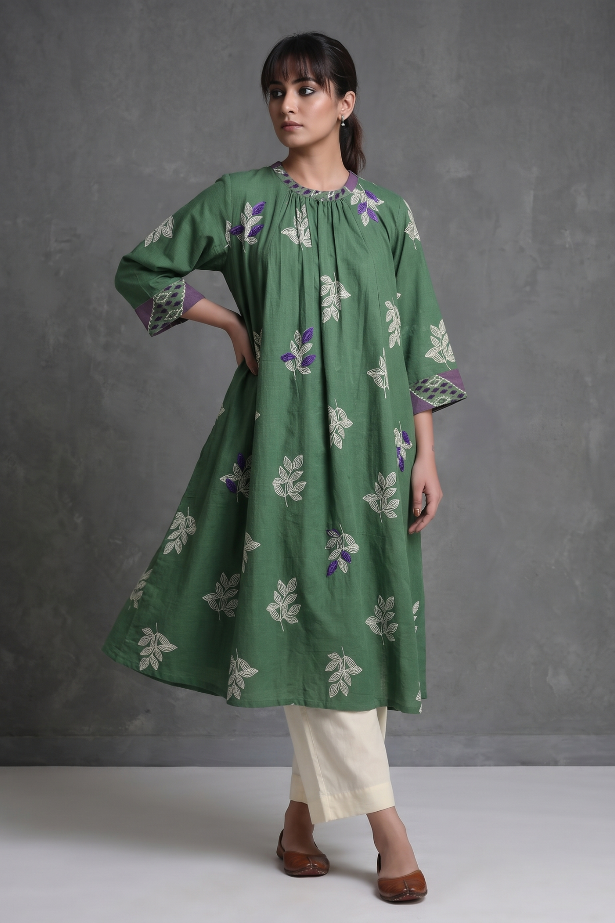 Earthy_Olive_Leaf_Handblock_Cotton_Crew_Neck_Gather_Dress