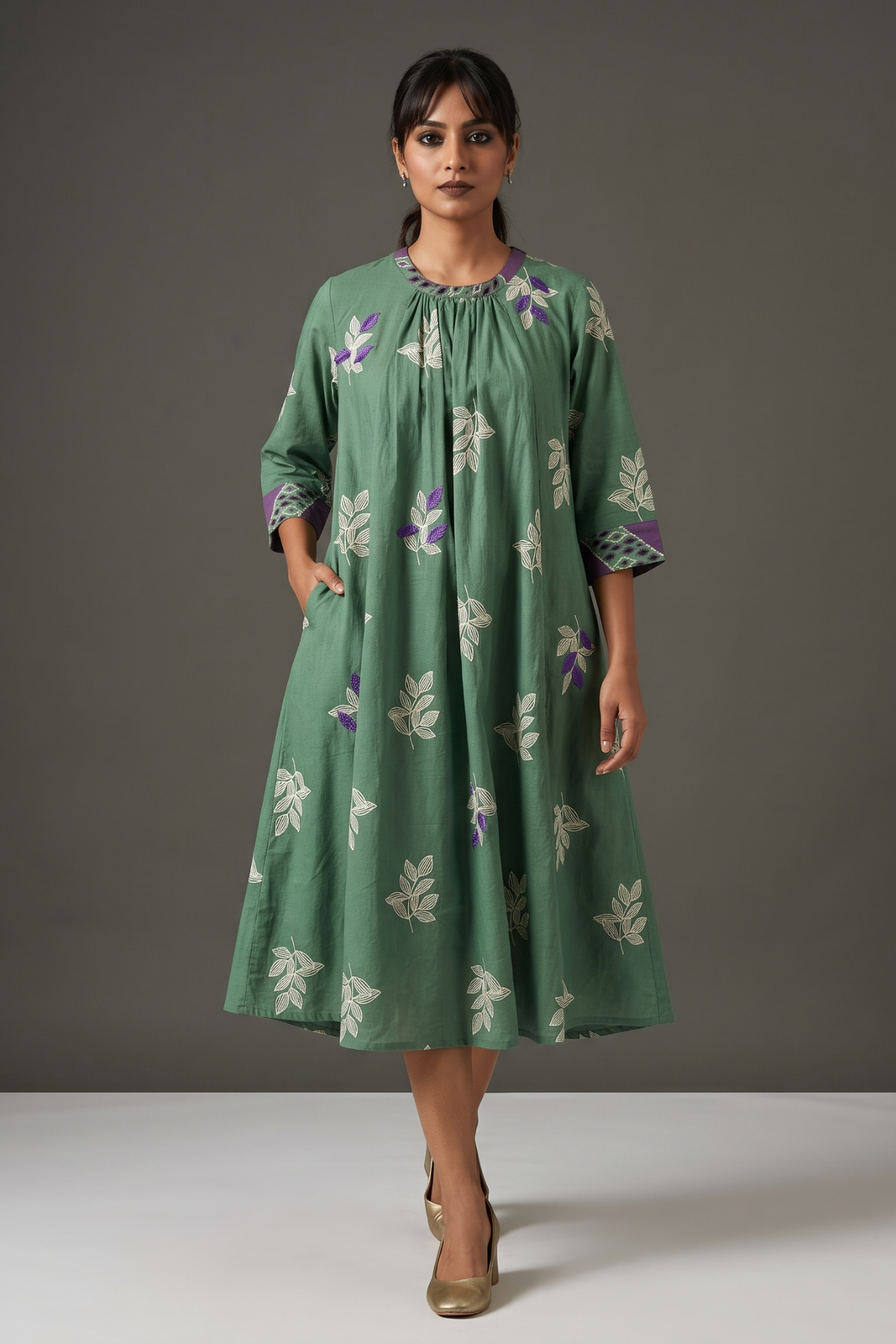 Earthy_Olive_Leaf_Handblock_Cotton_Crew_Neck_Gather_Dress