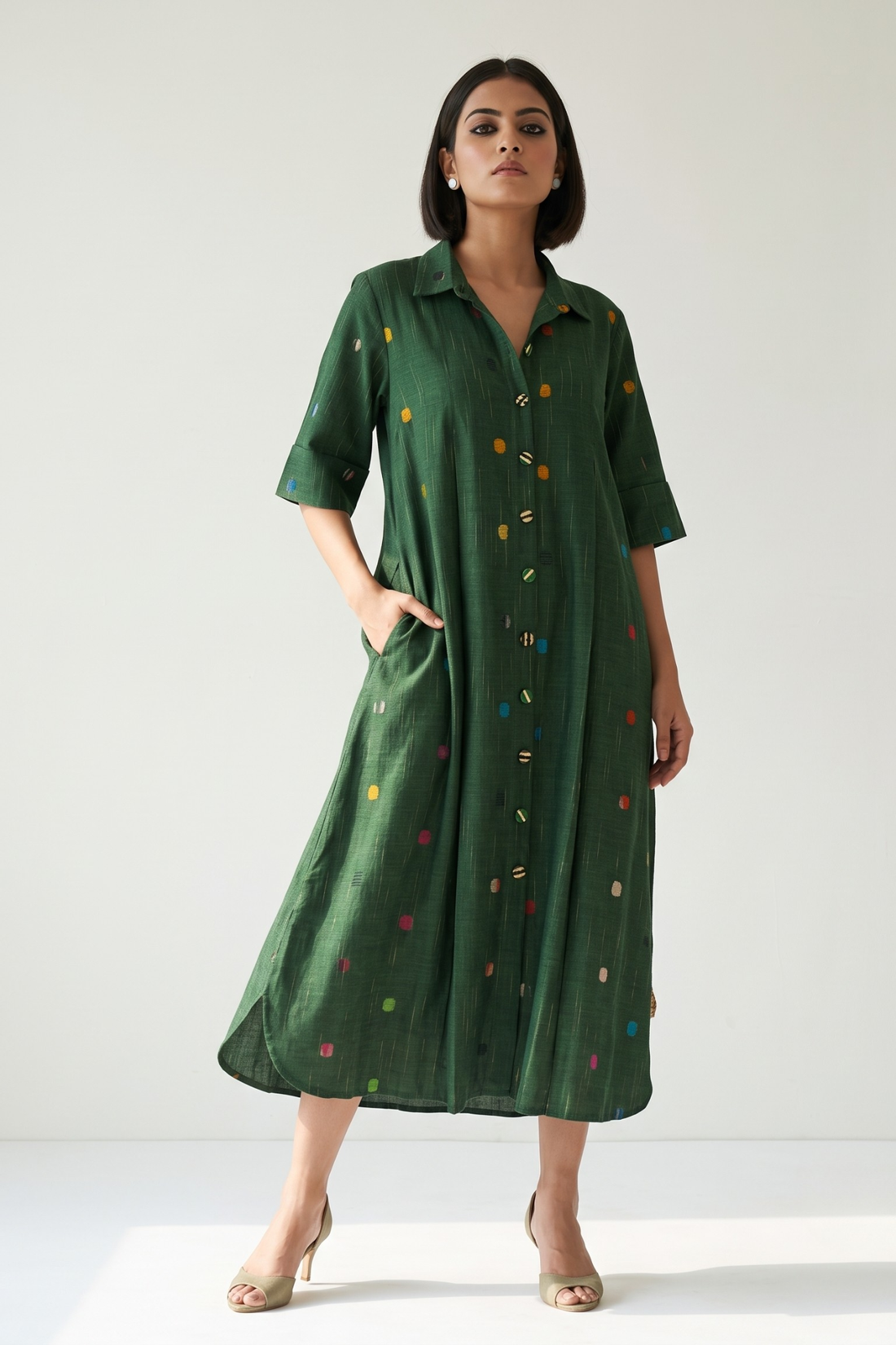 Emerald Green_Confetti_Dots_Cotton_Box_Pleat_Button_Down_Shirt_Dress