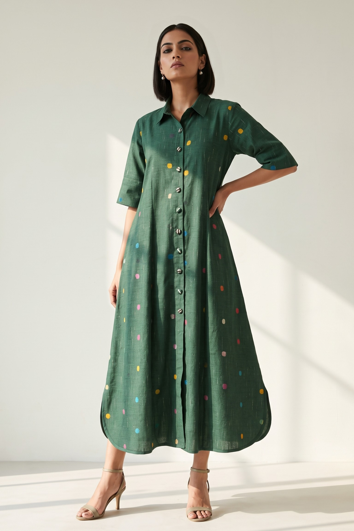 Emerald Green_Confetti_Dots_Cotton_Box_Pleat_Button_Down_Shirt_Dress