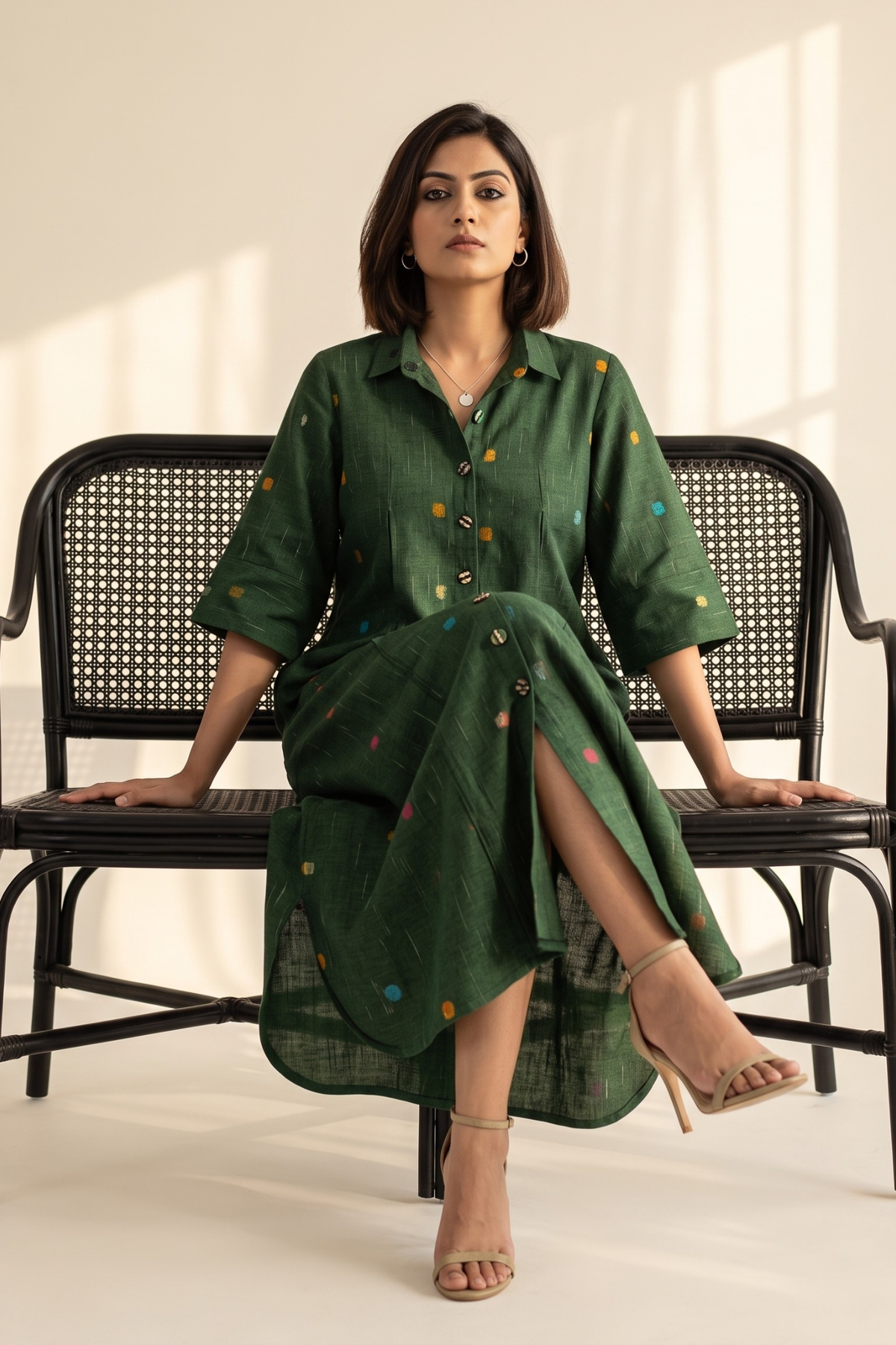 Emerald Green_Confetti_Dots_Cotton_Box_Pleat_Button_Down_Shirt_Dress