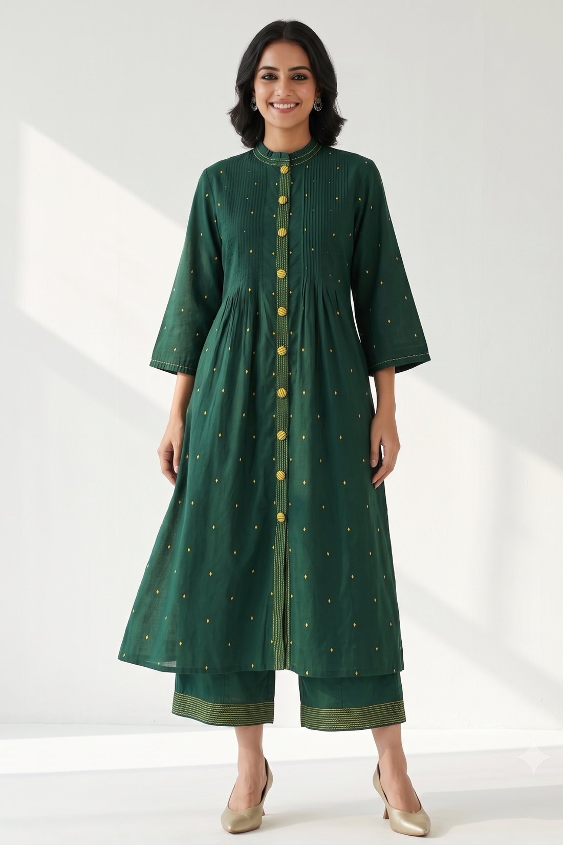 Forest__Gold_Cotton_Pleated_Pintuck_Button_Down_Dress