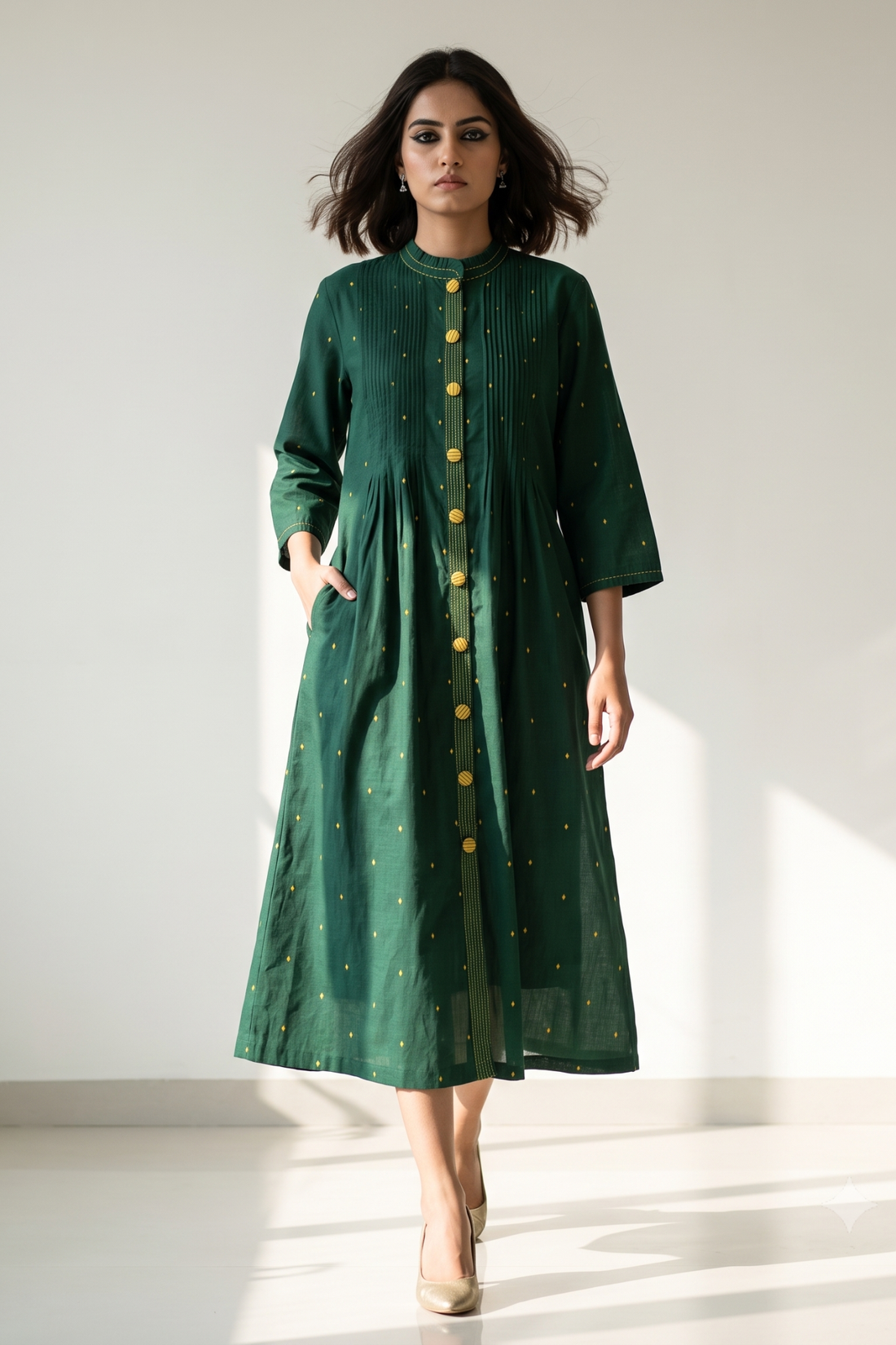 Forest__Gold_Cotton_Pleated_Pintuck_Button_Down_Dress